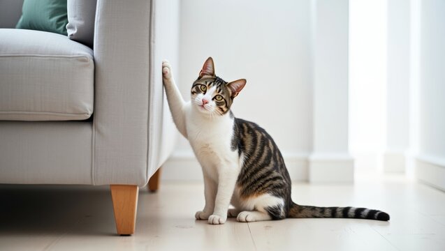 Domestic cat showing natural scratching instinct on a couch. The pet causes damage to home furnishings