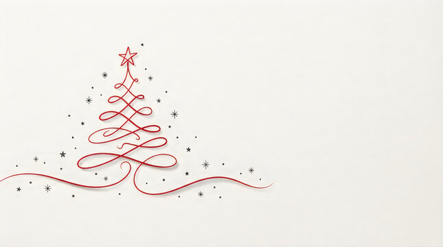 Minimalist red line art christmas tree illustration with decorative stars on a light background