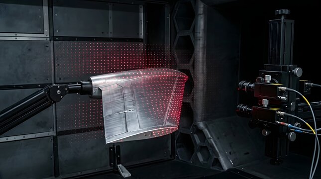 Metallic aircraft wing section undergoes advanced aerodynamic laser testing inside high tech industrial facility with glowing red precision light points