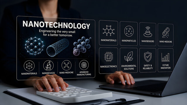 Nanotechnology concept on a holographic interface showing nanomaterials nanoparticles and nanoelectronics, molecular science dashboard used by a businesswoman at an office desk