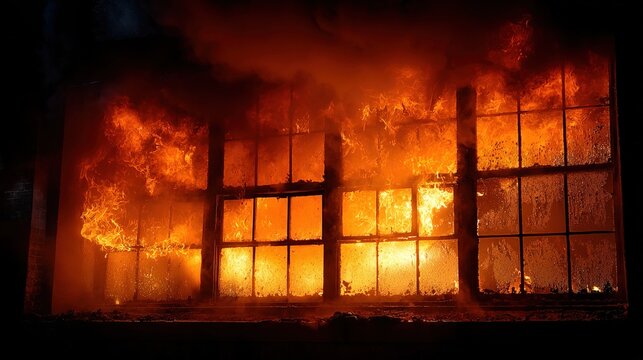 Intense Fire Burning Through Large Window Frames.