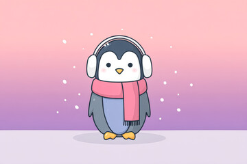 Fototapeta premium Adorable cartoon penguin wearing headphones and a pink scarf, set against a pastel gradient background with falling snowflakes. This charming illustration suggests a cozy winter theme.