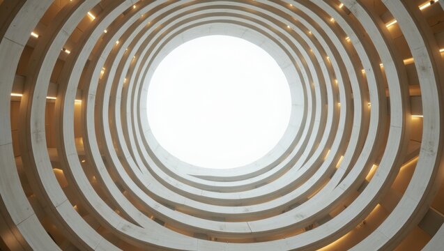 Looking up through a modern spiraling building structure. Concentric circles forming a continuous architectural design with soft light