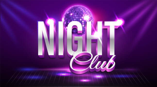 Neon nightclub scene with glowing Night Club text, disco ball, spotlights and purple dance floor, vector illustration