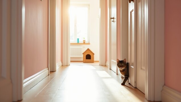 Cat peeking around a door in a bright residential hallway, sunlight creating shadows on the wooden floor