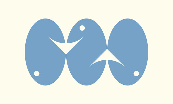 Three stylized oval fish shapes in a continuous dynamic composition with a Scandinavian vibe. Minimalistic background