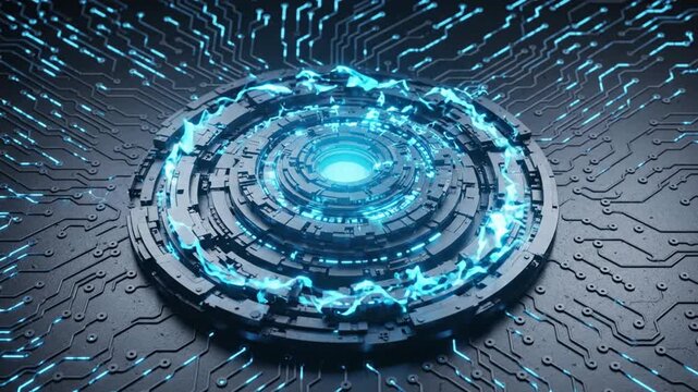 Futuristic cybernetic core with pulsing blue energy and digital circuitry background, for high-tech data, processing concepts