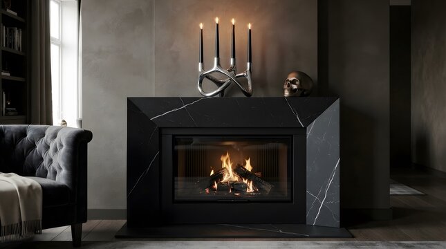 Modern stone fireplace with burning fire and black candles in a cozy living room interior