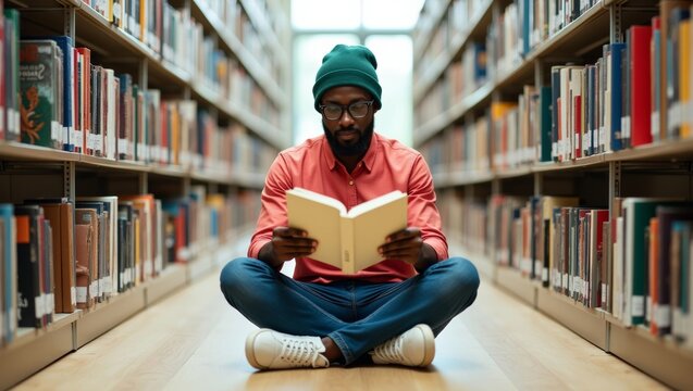 Young Black man sitting cross legged on the floor, engrossed in a book, surrounded by bookshelves in a university library