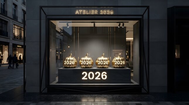 Shop window display with glowing green pumpkins and the year 2026 sign for halloween celebration