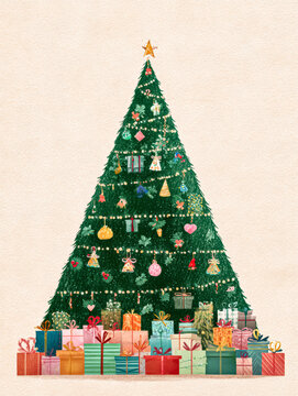 Illustration of a Christmas tree adorned with ornaments and surrounded by colorful wrapped gifts on a beige background, suggesting holiday celebration and festive spirit.