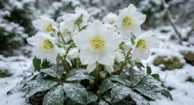 Schneerosen-Cluster (Helleborus niger) im Winter &ndash; Nahaufnahme mit Schnee- und Frostkristallen