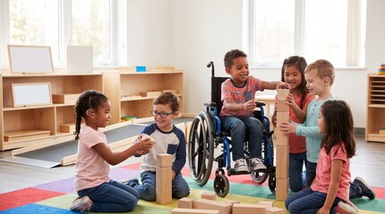 Fototapeta premium Inclusive Group of Diverse Children Playing with Wooden Blocks in Preschool