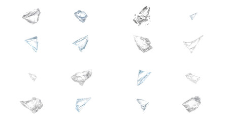 Fototapeta premium Set of various broken glass shards and sharp crystal fragments scattered in a collection for decorative design and creative graphic projects