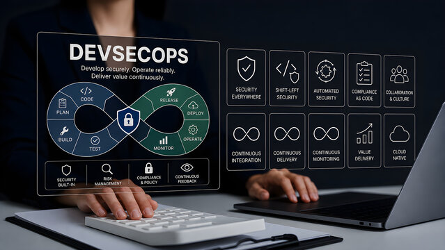 DevSecOps concept on a holographic interface showing secure development with shift-left security and automation, secure software workflow dashboard used by a businesswoman at an office desk