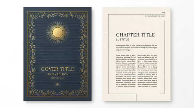 Elegant editorial magazine cover and chapter page template with gold sun emblem and bamboo frame design on dark blue and cream background