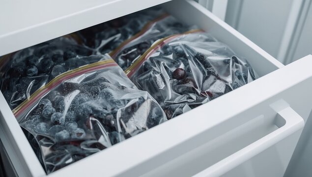 Frozen blueberries and mixed berries storing in zip lock bags inside an open freezer drawer