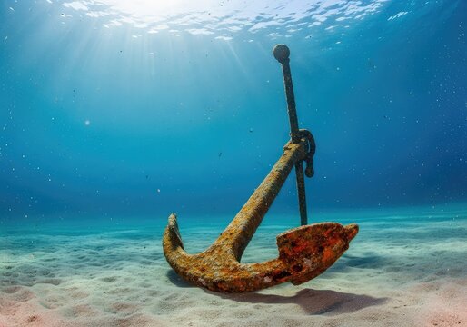 A heavy rusted iron anchor rests on the deep sandy seabed, sunlight filtering through blue water with floating particles in low angle view, solitude, perspective, sunbeams