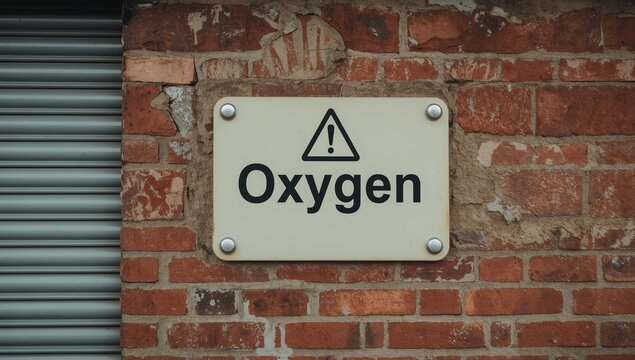 Oxygen warning sign on brick wall indicating danger and caution for hazardous industrial gas