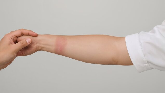 Close up of wrist showing allergic skin reaction from patch test with redness and irritation used in dermatology diagnosis and treatment