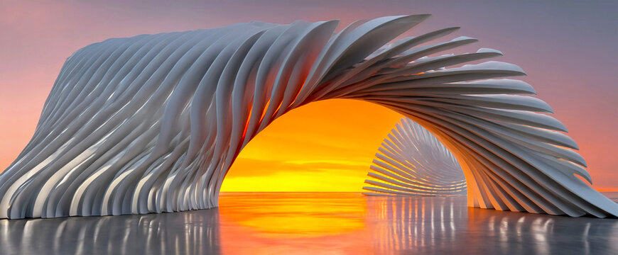Parametric architectural arch structure with abstract fluid design at sunset golden hour