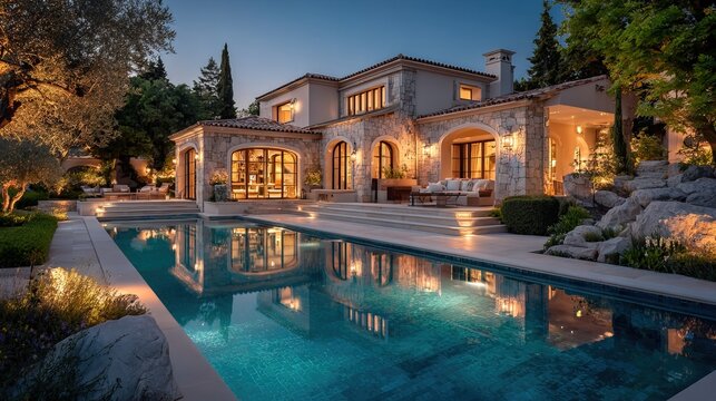 Luxurious Modern Villa with Illuminated Pool and Elegant Outdoor Living Space at Night.