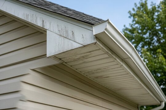Dirty stained soffit and fascia on residential roof edge