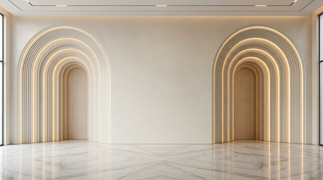 Arched corridor features symmetrical glowing recessed alcoves within a bright contemporary neutral stone interior hall.