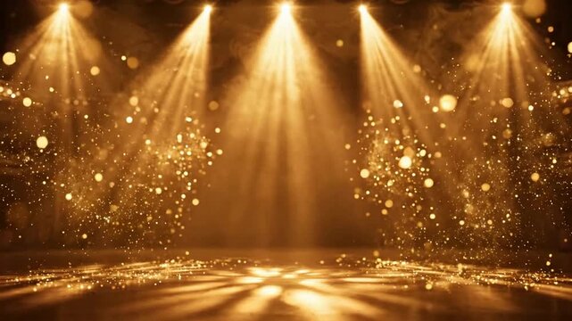 Golden stage spotlight with floating particles and cinematic light beams for event backgrounds bokeh