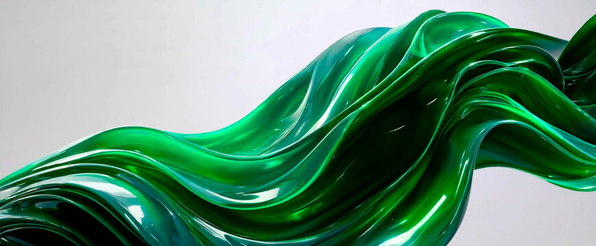 Abstract emerald green flowing liquid ribbons with smooth glossy texture and wave motion.
