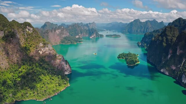 Expansive aerial view panorama of Cheow Lan Lake, capturing iconic limestone karst formations, mountains and emerald green water. Untouched beauty of Khao Sok National Park, Thailand, Drone flight