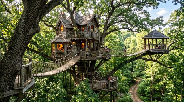 Luxury treehouse home with rope bridge in a lush forest canopy at sunset