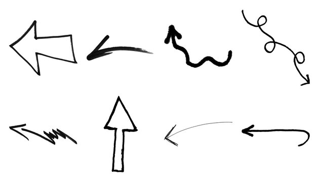 Set of black hand drawn arrows and doodle symbols for business presentation or web design sketches on a simple page