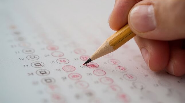Hand marking a multiple choice answer sheet, completing an examination, evaluation process, or survey