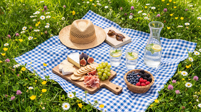 A delightful picnic arrangement featuring a checkered blanket set on a grassy field, surrounded by delicious food items and a refreshing drink that embodies relaxation and joy.