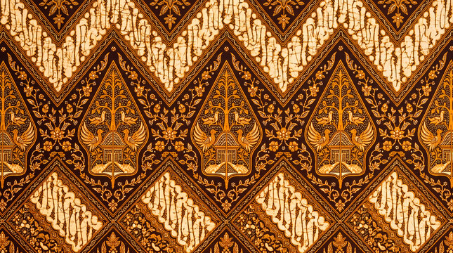 Traditional Indonesian batik pattern with gunungan wayang and floral motifs in brown and gold colors.