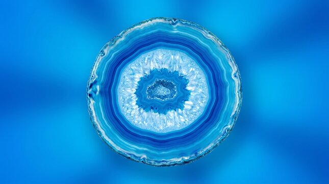 A round polished blue agate gemstone slice centered against a vibrant solid blue background with crystalline