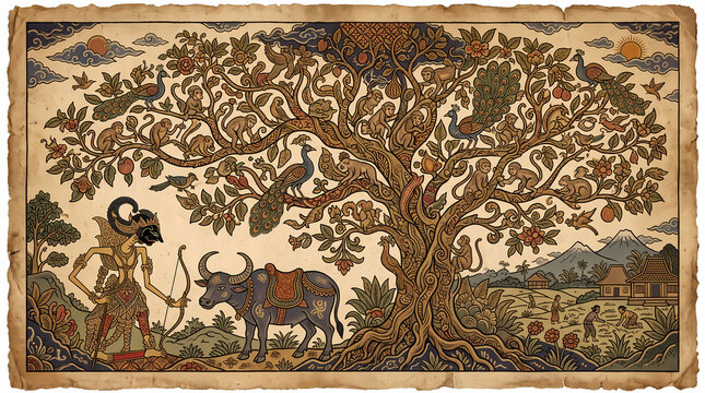 Traditional Javanese wayang illustration of the tree of life with mythological characters and animals on vintage parchment.