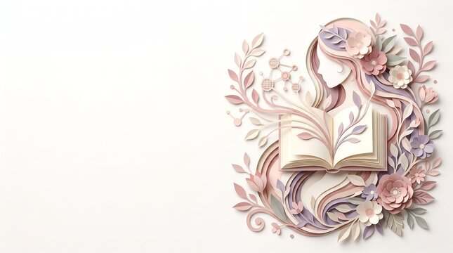 Elegant Feminine Paper Cut Website Hero Background for Digital Education and Online Learning