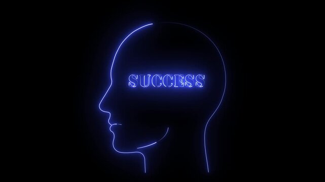 Neon success word inside glowing human head silhouette