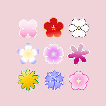 Set of geometric flowers with gradient effect. Simple and cute design vector elements