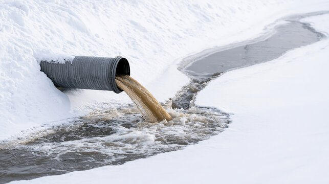 Drain pipe discharging dirty wastewater into a snowy river, showing industrial pollution and environmental damage
