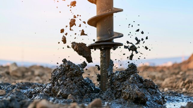 Earth auger machine drilling into wet soil, excavating mud and dirt, creating a foundation hole at sunset