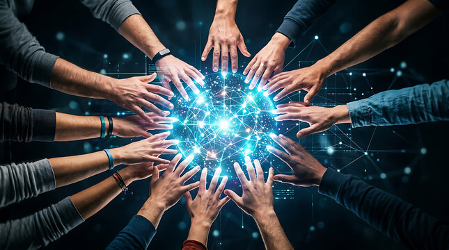 Multiple diverse hands reaching towards a glowing digital network sphere