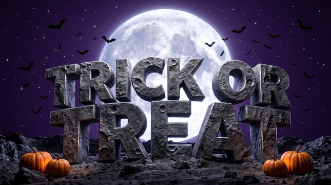 3d render of trick or treat text with a cratered moon rock texture, set on a lunar surface with pumpkins and bats against a full moon