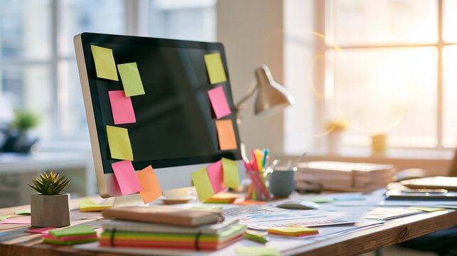 Desktop computer screen covered with colorful sticky notes on a busy office desk, representing organization and workload