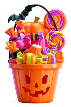 Digital clipart illustration of a Halloween candy bucket filled with colorful sweets and lollipops, set in a cheerful trick or treat mood.