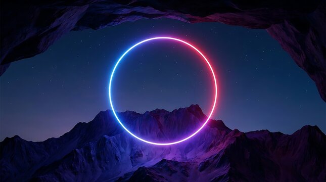 Glowing neon circle ring floating above dark jagged mountain peaks at night, illuminated by blue and pink light under a starry sky