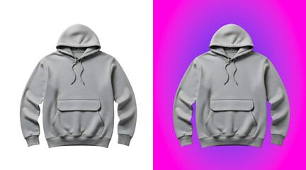 A plain light gray hooded sweatshirt with a front kangaroo pocket and long sleeves, isolated on a white background, clothing apparel © Dd