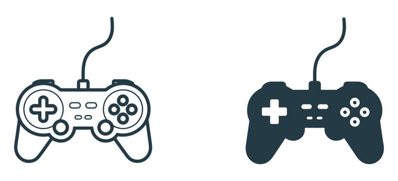 game controller icon set, black and white console symbols for video games, gaming accessories and interactive entertainment